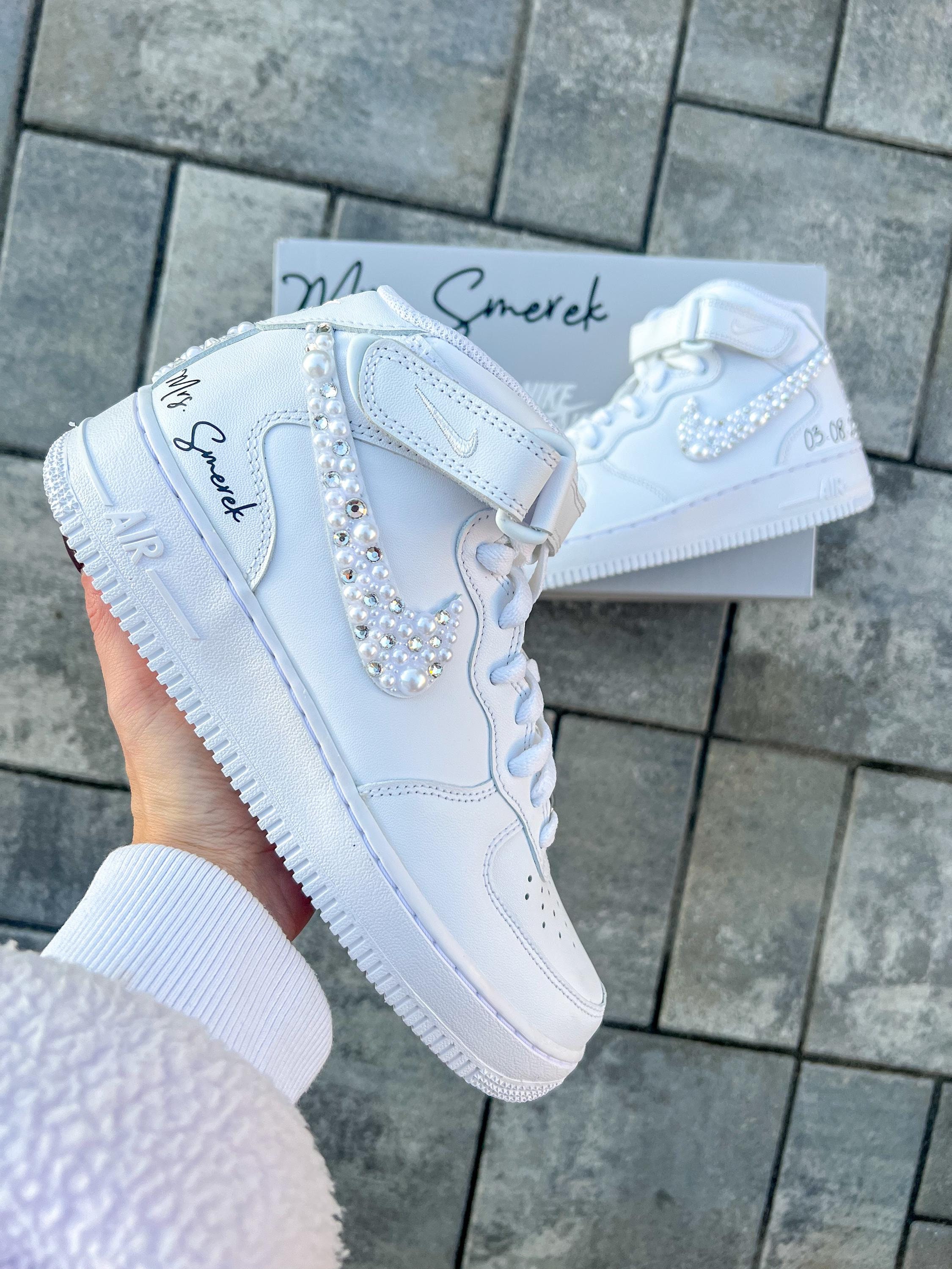 Personalized Bridal Air Force 1 Mid Sneakers: Rhinestone & Pearl Wedding Shoes