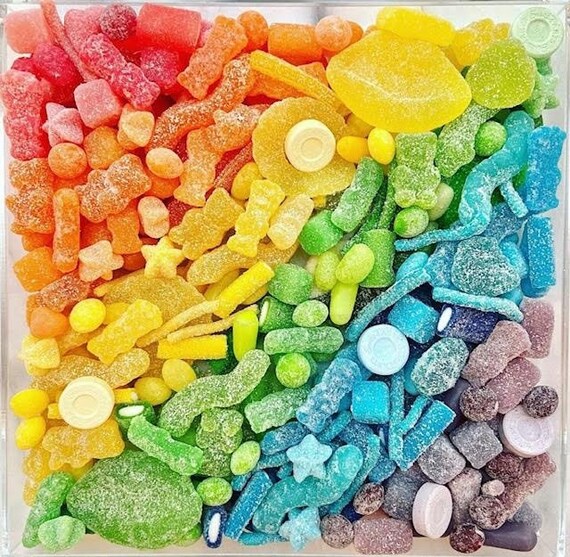 ALL Sour rainbow Candy Charcuterie Board in Lucite Acrylic Tray 4