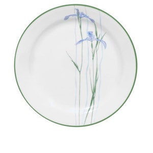 May include: A white ceramic dinner plate with a green rim features a blue and green floral design of irises.