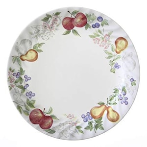 May include: White ceramic plate with a decorative border featuring red apples, yellow pears, and purple berries. The fruit and floral design is arranged around the edge of the plate, creating a circular pattern. The plate is suitable for serving food.
