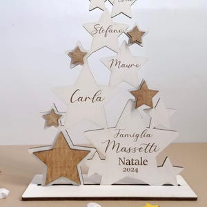 May include: A wooden Christmas tree decoration in the shape of stars. The tree is white with brown and yellow star accents. The names "Asia", "Stefano", "Mauro", and "Carla" are written on the stars. The text "Famiglia Massetti Natale 2024" is also visible.