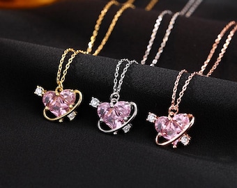 S999 Kristallen roze hartketting sierlijke hart hanger ketting hemelse prinses ketting Japanse anime accessoire hart medaillon ketting