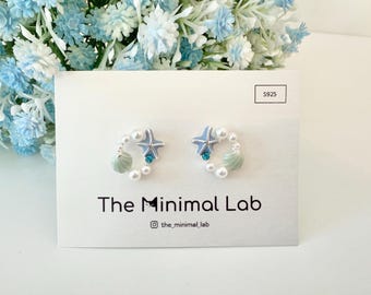 Parelkristal schelp schelp zeester zeemeermin 925 sterlingzilveren studoorbel, schattige clip op oceaanoorbel, cadeau zeeliefhebber, zeeman oorbellen
