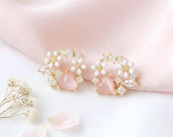 Blumenkranz Ohrstecker Kreis Ohrstecker CZ Herz Gold Ohrringe Frühling Brautschmuck Sterling Silber Ohrstecker Hochzeit Ohrring Nettes Herz Ohrstecker