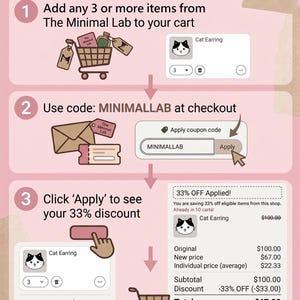 May include: A three-step instructional graphic on a light pink background explaining a promotion. It shows a shopping cart, a coupon code entry field labeled MINIMALLAB, and a checkout summary displaying a 33% discount on cat earrings.