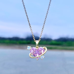 Crystal Pink Heart Necklace Dainty Heart Pendant Necklace Celestial Princess Necklace Japanese Anime Accessory Heart Locket Charm Necklace