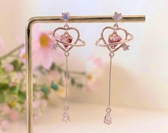 Magical Heart Locket Earring Sterling Silver Celestial Heart Shape Earring Crystal Star Dangle Earring Dainty Pink Birthstone Drop Earring