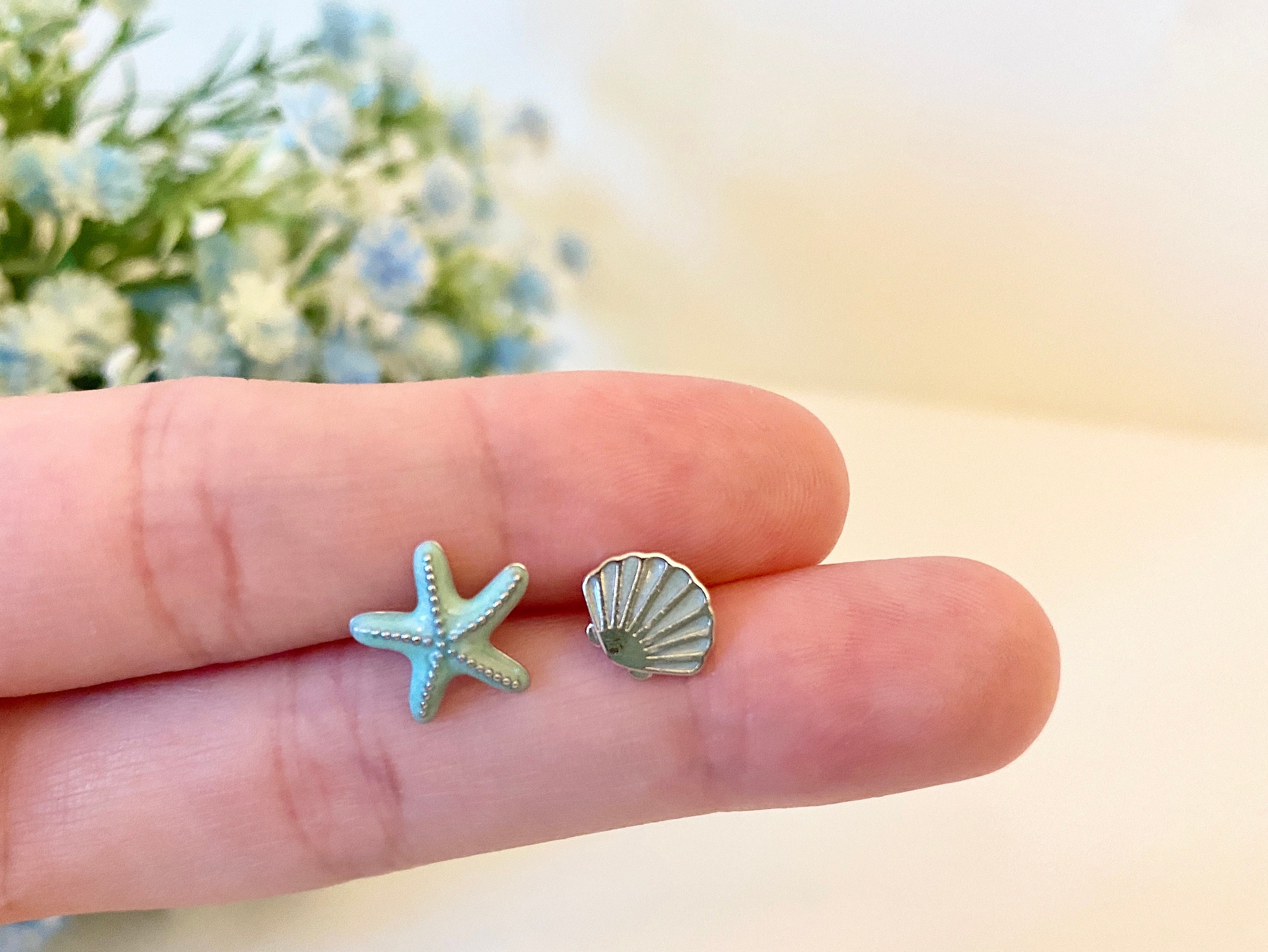 Pearl Crystal Seashell Shell Starfish Mermaid 925 Sterling Silver Stud…