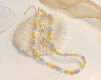 Cute Spring Flower Beaded Y2k Necklace, Colorful Floral Accessory, Creative Handmade 90s Trendy Flower Necklace, Fun Summer Bouquet Jewelry