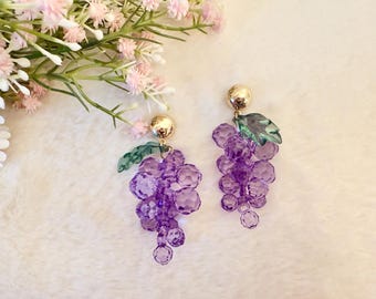 Lila Traube Ohrring Grünes Blatt Ohrring Sterling Silber Traube Schmuck Frucht Ohrring Traube Liebhaber Geschenk Vegan Kristall Traube Ohrring Baumeln
