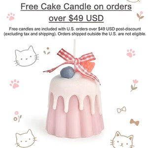 May include: A cake-shaped candle with a light pink base and white icing drips. It is topped with a blue berry, an orange fruit slice, and a red and white checkered ribbon bow. The background features cat faces, paw prints, and floral icons.