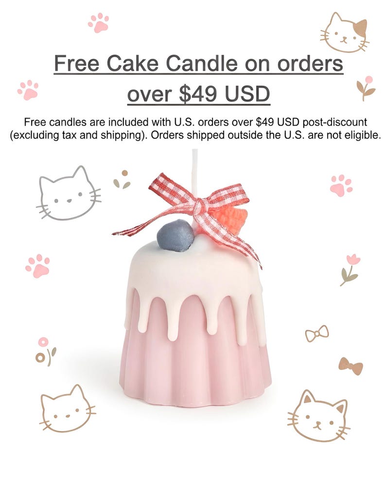 May include: A cake-shaped candle with a light pink base and white icing drips. It is topped with a blue berry, an orange fruit slice, and a red and white checkered ribbon bow. The background features cat faces, paw prints, and floral icons.