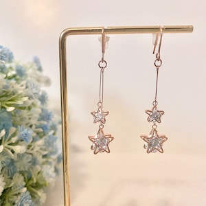 Double Star Earring Sterling Silver Cute Star Drop Earring Rose Gold Celestial Dangle Earring Elegant Starburst Crystal Earring Shiny Star