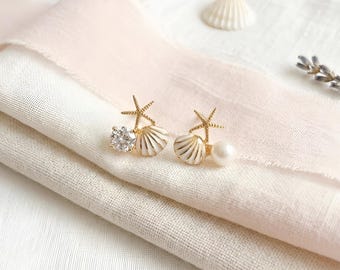 Ohrstecker aus 925er Sterlingsilber mit Perlen, Kristallen, Muscheln, Seesternen und Meerjungfrauenmotiven, süße Clip-Ohrringe zum Anstecken, Geschenk für Meeresliebhaber, Ohrringe für Matrosen