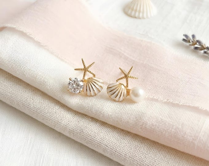 Pearl Crystal Seashell Shell Starfish Mermaid 925 Sterling Silver Stud Earring, Cute Clip on Ocean Earring, Sea Lover Gift, Sailor Earrings