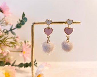 Doppel Herz Baumeln Ohrring Sterling Silber Süßer Rosa Herz Ohrring Kawaii Herz Tropfen Weißer Pompom Ohrring Flauschiger Ball Ohrring