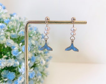 Dangle Pearl Sea Lover Earring Mermaid Sterling Silver Earring Blue Fish Tail Drop Earring Cute Sea Earring Ocean Lover Gift Sailor Earrings