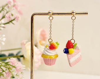Miniatur Kuchen Ohrring, Erdbeer Kuchen Dessert Schmuck, kreative Lebensmittel Polymer Clay Ohrring, niedliches SweetTooth Geschenk, Spaß Bäckerei vorhanden