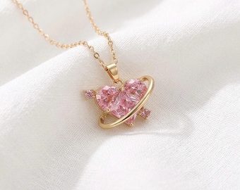Collier coeur rose cristal collier pendentif coeur délicat collier princesse céleste accessoire anime japonais médaillon coeur collier à breloques