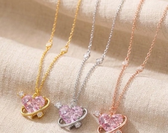S999 Crystal Pink Heart Necklace Dainty Heart Pendant Necklace Celestial Princess Necklace Japanese Anime Accessory Heart Locket Necklace