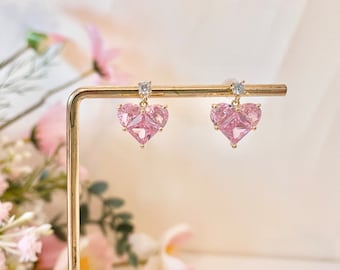 Zierliche Rosa Herz Ohrring Sterling Silber Baumeln Herz Diamant Ohrring Niedlicher Herz Kristall Ohrring Jahrestag Geschenk süßer Herz Tropfenohrring