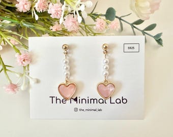 Zierliche Rosa Herz Ohrring Sterling Silber Baumeln Herz Perle Ohrring Niedlicher Herz Ohrring Jahrestag Geschenk Sweet Hearts Drop Ohrring Hochzeit