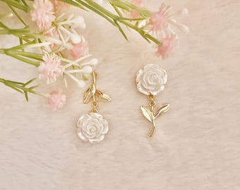 Weiße Rose Ohrring Sterling Silber Vintage Rose Handgemachte Blumen Hochzeit Schmuck weiße Blume Prinzessin Ohrring Geschenk Braut