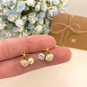 Pearl Crystal Seashell Shell Starfish Mermaid 925 Sterling Silver Stud Earring, Cute Clip on Ocean Earring, Sea Lover Gift, Sailor Earrings
