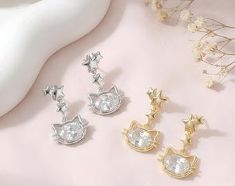 Kristall Katzenohrring Sterling Silber Baumeln Opal Katzenohrring Süßer Kätzchen Ohrring Kawaii Katzenohrring Blaue Katzenohrring Katzenschmuck Katzengeschenk