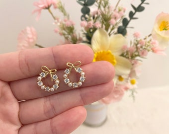 Gold Wreath Earrings Dainty Crystal Pearl Bow Stud Earrings Elegant Hoop Sterling Silver Jewelry Wedding Lightweight Minimalist Earring Cute