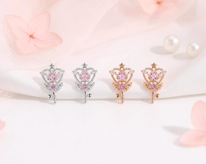 Magic Wand Stud Earring Japanese Anime Accessory Heart Locket Ear Studs Cute Wizard Jewelry Rose Gold Princess Ear Studs Star Moon Earring