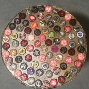 End Table/Side Table/Man Cave/Office Furniture/Small Table/upcycled/bottle cap