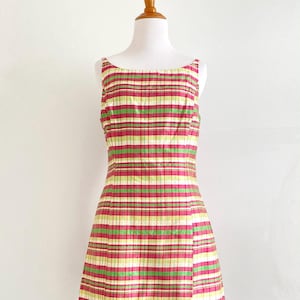 Vintage 90s Y2K Esprit Silk Slip Dress Madras Plaid Mini Pastel Pink Yellow Green Check Print Preppy Sundress Friends Style