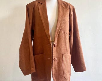 Blazer vintage in lino color terracotta, anni '80/'90, giacca morbida, rilassata e leggera, marrone ruggine, made in USA