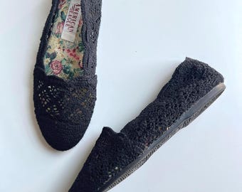 ヴィンテージ風の黒い編み込みレースのバレエシューズ、ローファー、サイズ8、プレッピー、ボヘミアン風、花柄ニット、軽量、ラウンドトゥ、スリッポン、夏用シューズ