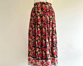 Vintage paisley floral print midi skirt gingham border trim | red gold black high waist pleated maxi skirt with pockets 80s 90s