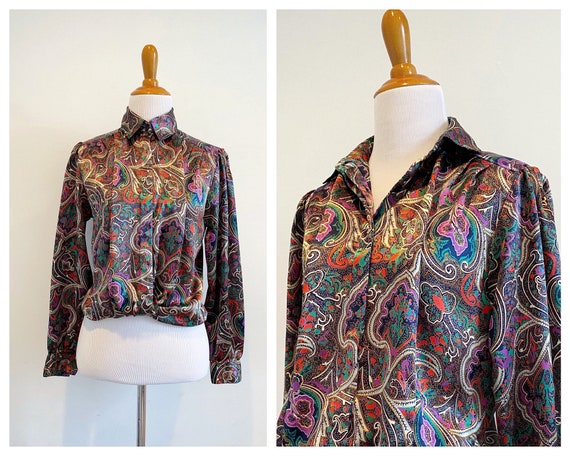 Vintage 80\u2019s paisley print button up blouse silky satin puff bishop sleeve blouse 70\u2019s