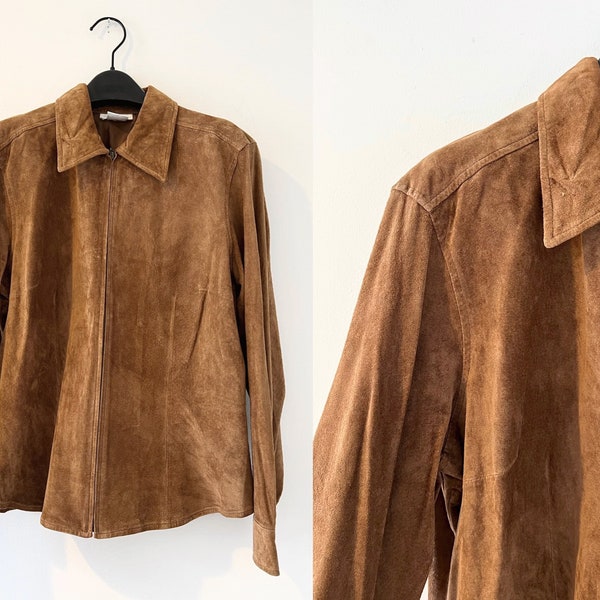 Vintage 90s camel suede shirt jacket top zip up front boho hippie western style minimalist top style brown tan leather shacket