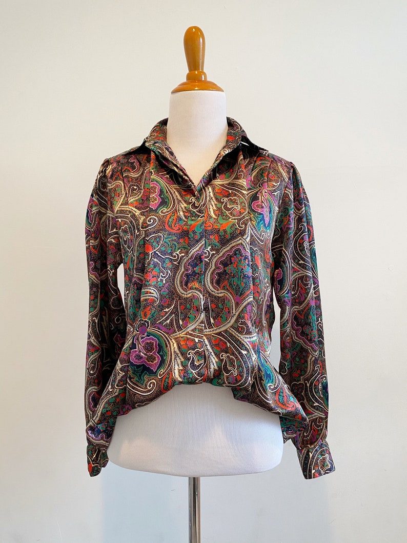 Vintage 80\u2019s paisley print button up blouse silky satin puff bishop sleeve blouse 70\u2019s