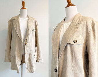 veste blazer en lin vintage des années 90 | blazer ample oversize style safari militaire en lin | Blazer beige écru en toile naturelle années 80