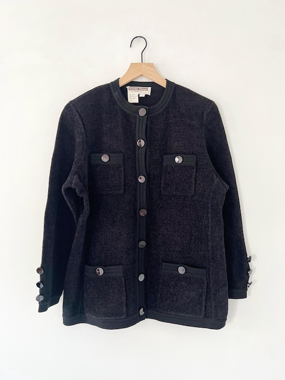 Vintage Italian chenille knit cardigan, black wool blend sweater blazer jacket, statement buttons 80s 90s
