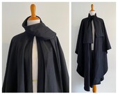 Vintage Mackintosh 80 s Black Wool Blend Cape One Size Women Oversized Coat Plus Size Coat Scarf Tie Neck