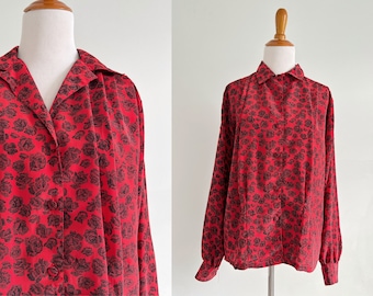 Vintage 1980s Oscar de la Renta floral button down blouse red black flower print pleated top holiday shirt 80s 90s victorian