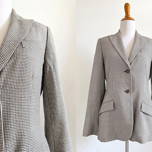 Vintage Bill Blass houndstooth wool blazer jacket | 90s y2k Saks mini check plaid print blazer brown white minimalist jacket preppy made USA