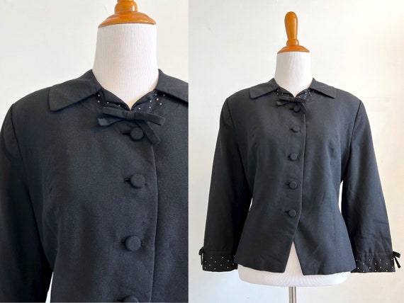 Vintage 1940s black wool blazer swiss dot trim bo… - image 1