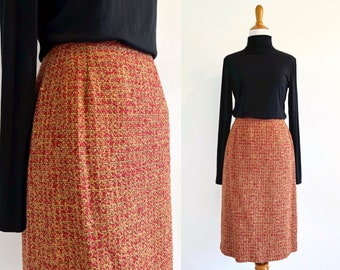 Vintage 1980s 1990s Bill Blass tweed boucle pencil skirt | 80s 90s high waist straight skirt | orange red melange plaid wool suit skirt fall