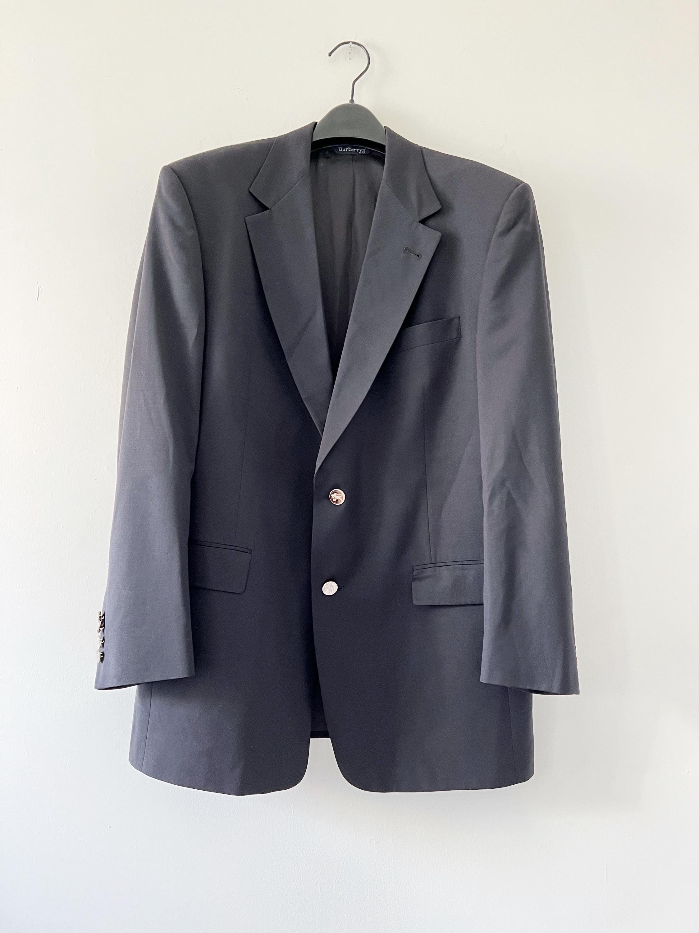 Vintage Burberry Menswear Wool Blazer Sport Coat Dark Navy Blue 