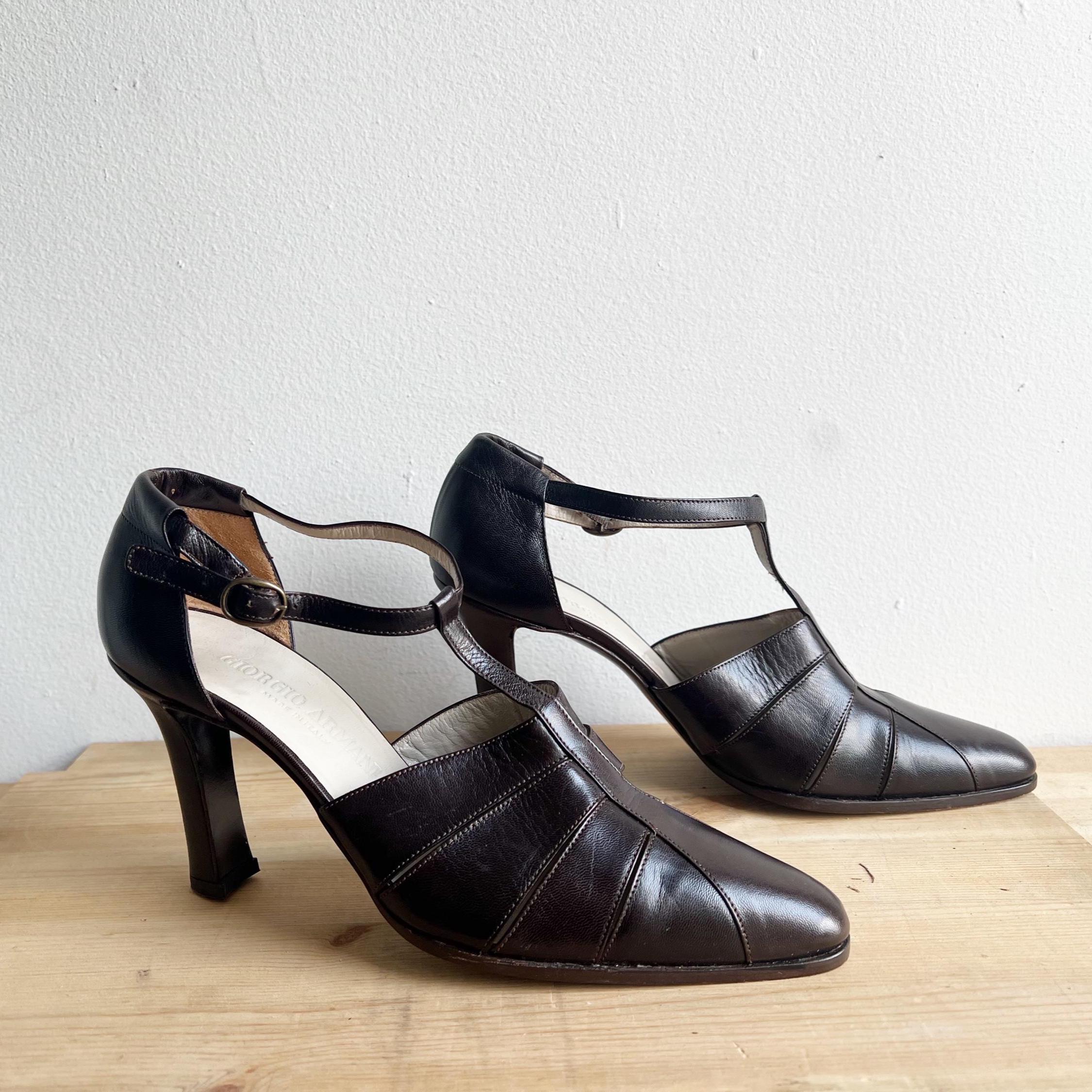 Vintage 90s Giorgio Armani Chocolate Brown Leather T Strap Heels 