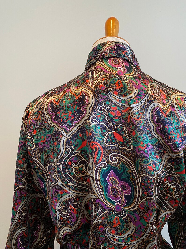 Vintage 80\u2019s paisley print button up blouse silky satin puff bishop sleeve blouse 70\u2019s