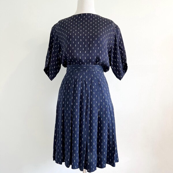 Vintage 1980s Anne Klein Silk Top Skirt Set Two Piece Dress | short sleeve boxy blouse high waist pleated skirt navy white polka dot 1990s